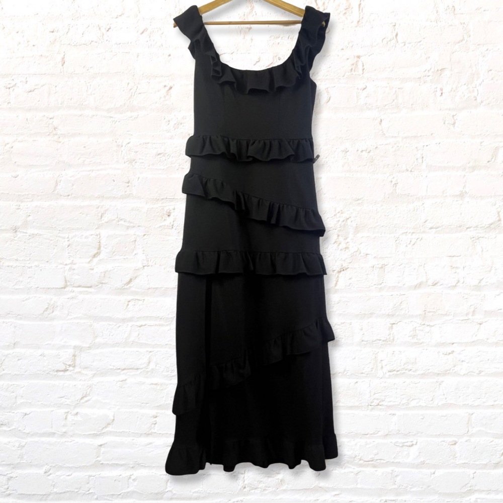 Show Me Your Mumu Ruffles Greta Midi Dress Size Large Black Front Slit